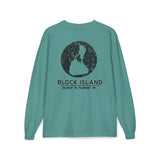 BlockBoundRI teal long-sleeve cotton shirt with distressed black Block Island map and coordinates on the back