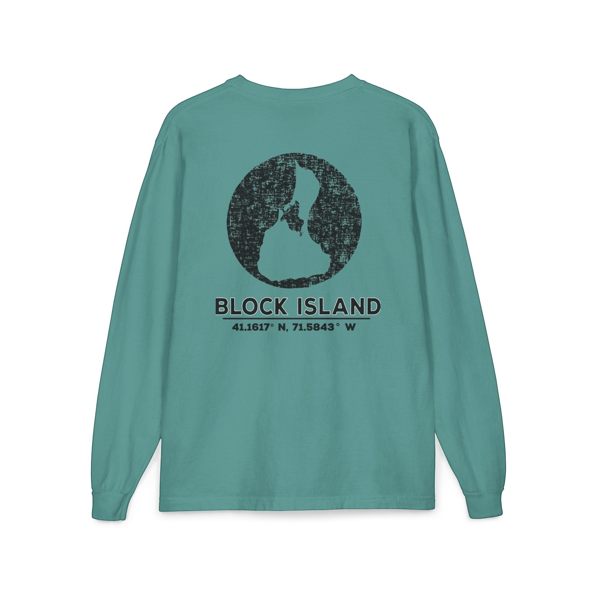 BlockBoundRI teal long-sleeve cotton shirt with distressed black Block Island map and coordinates on the back