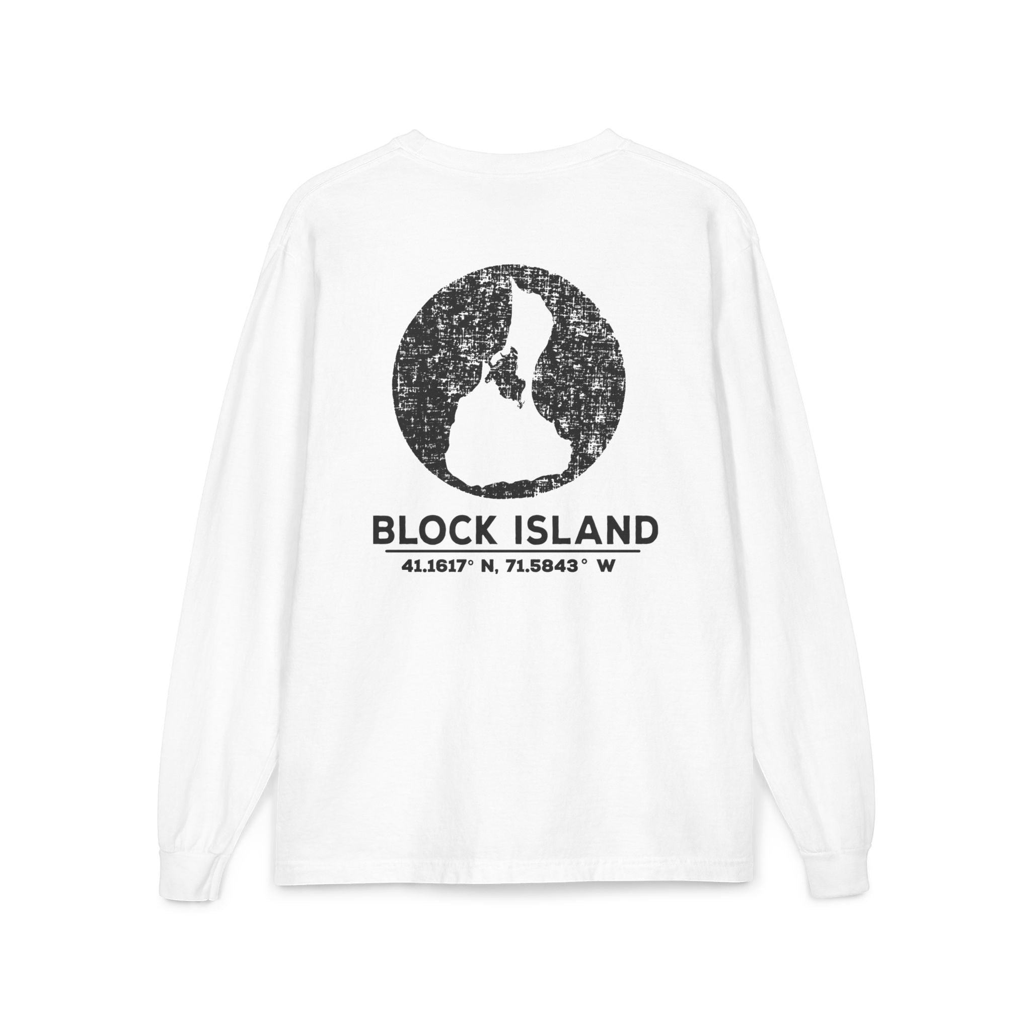 BlockBoundRI white long-sleeve cotton shirt featuring a distressed black Block Island map graphic on the back