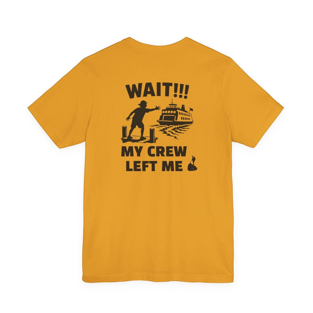 BlockBoundRI yellow cotton t-shirt featuring a back graphic of a person chasing a departing ferry boat