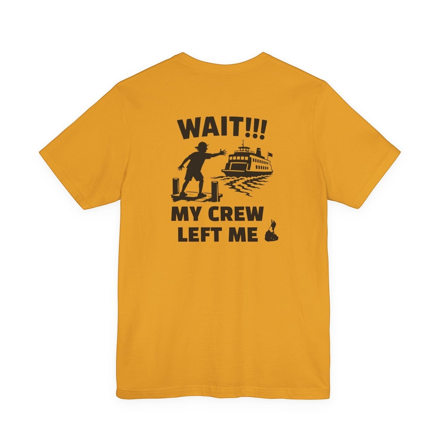 BlockBoundRI yellow cotton t-shirt featuring a back graphic of a person chasing a departing ferry boat