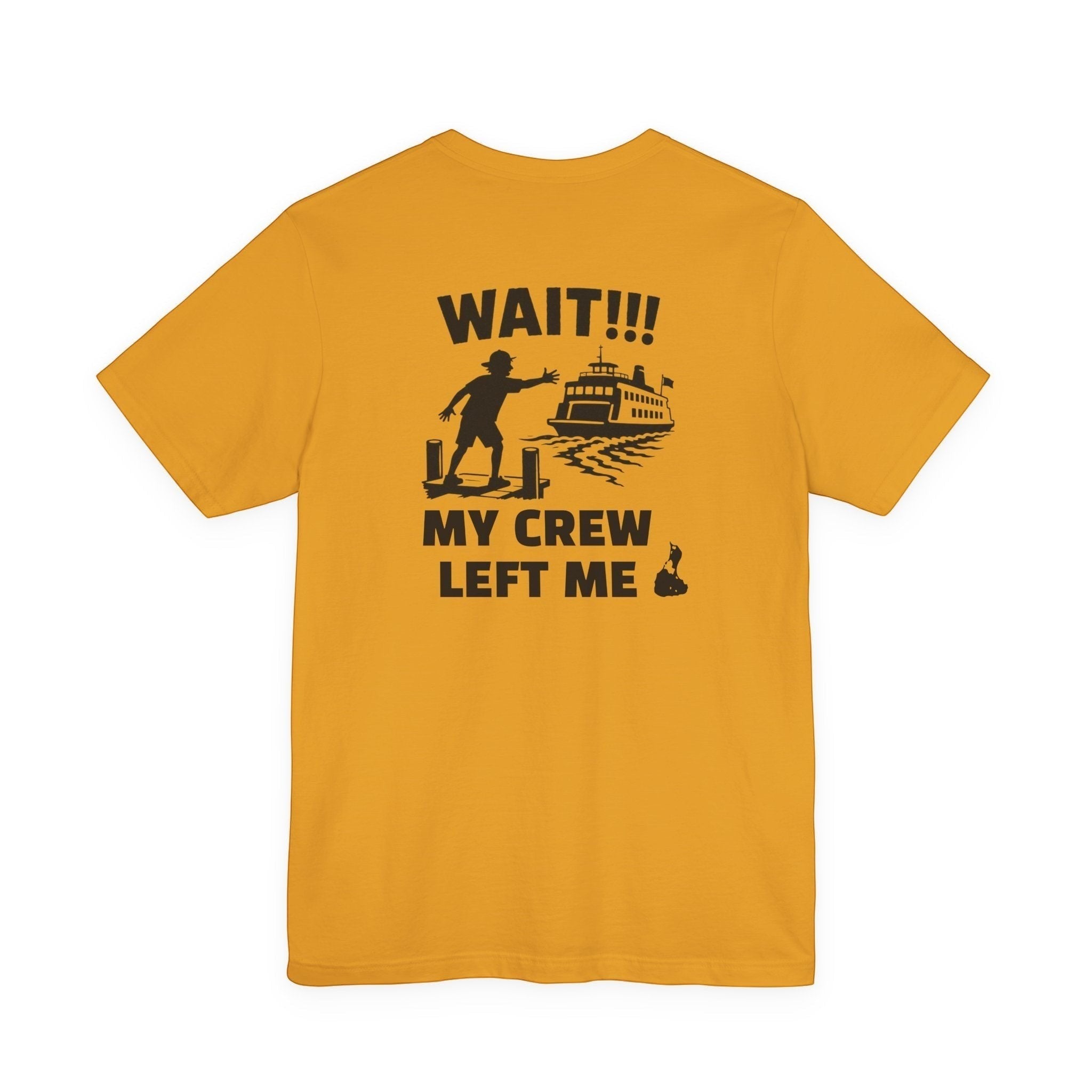 BlockBoundRI yellow cotton t-shirt featuring a back graphic of a person chasing a departing ferry boat