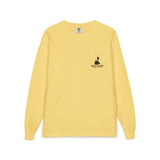 BlockBoundRI yellow long sleeve cotton shirt with a chest pocket featuring a black Block Island logo print