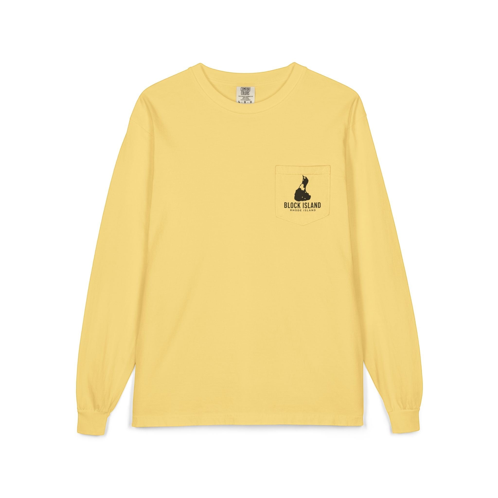 BlockBoundRI yellow long sleeve cotton shirt with a chest pocket featuring a black Block Island logo print