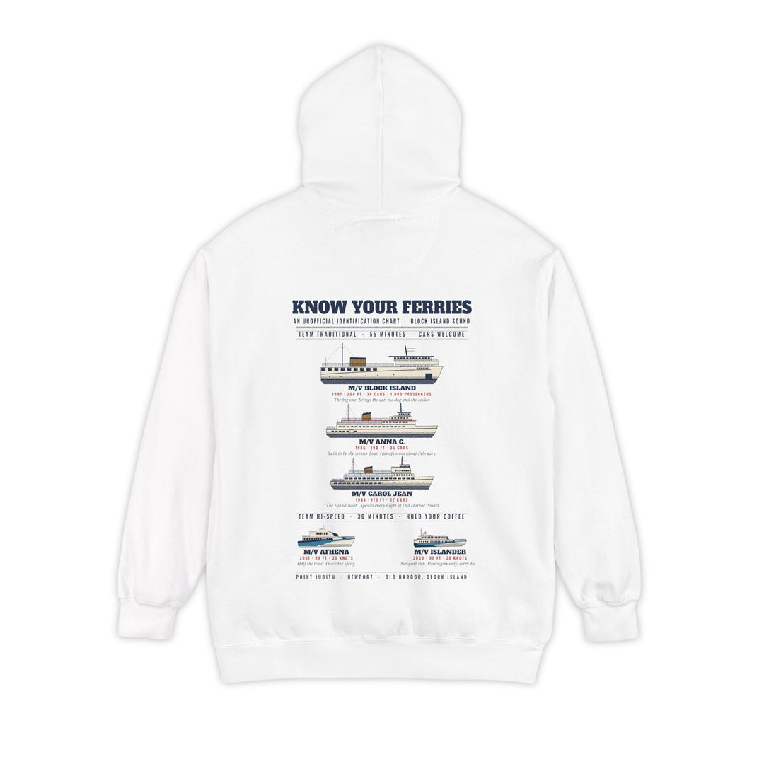 Know Your Ferries Block Island ferry fleet chart hoodie in White, back print - BlockBoundRI
