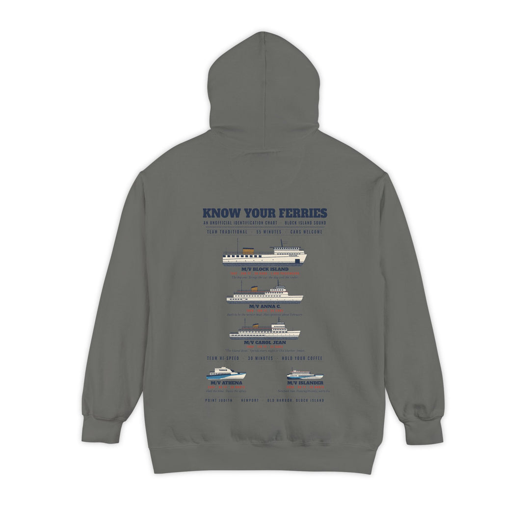 Know Your Ferries Block Island ferry fleet chart hoodie in Grey, back print - BlockBoundRI