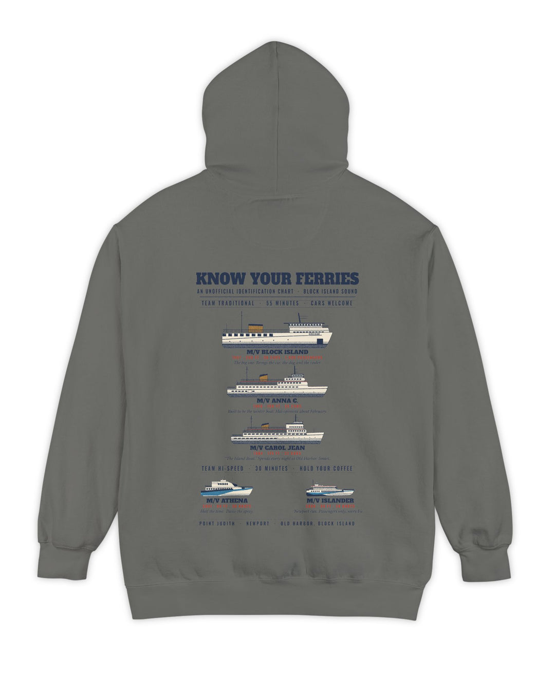 Know Your Ferries Block Island ferry fleet chart hoodie in Grey, back print - BlockBoundRI
