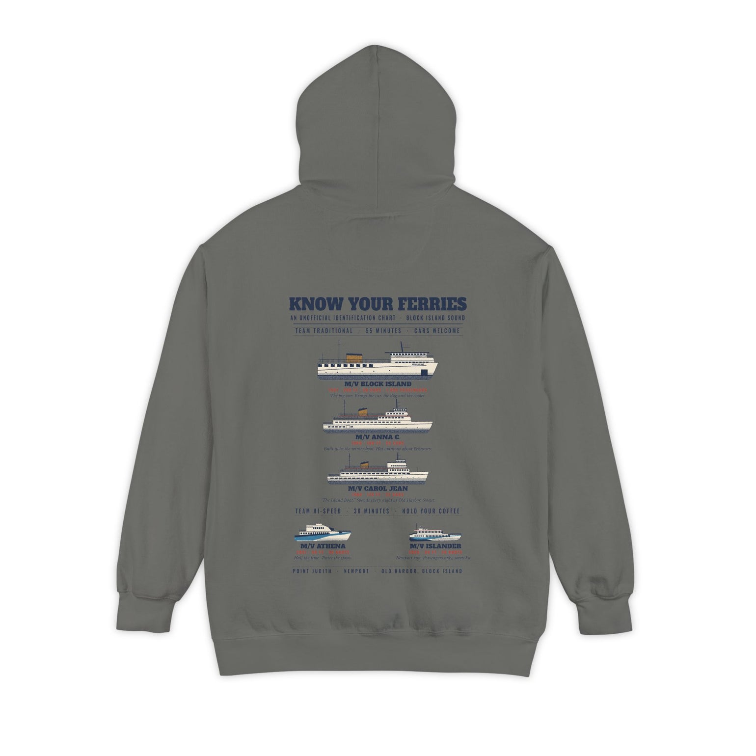 Know Your Ferries Block Island ferry fleet chart hoodie in Grey, back print - BlockBoundRI