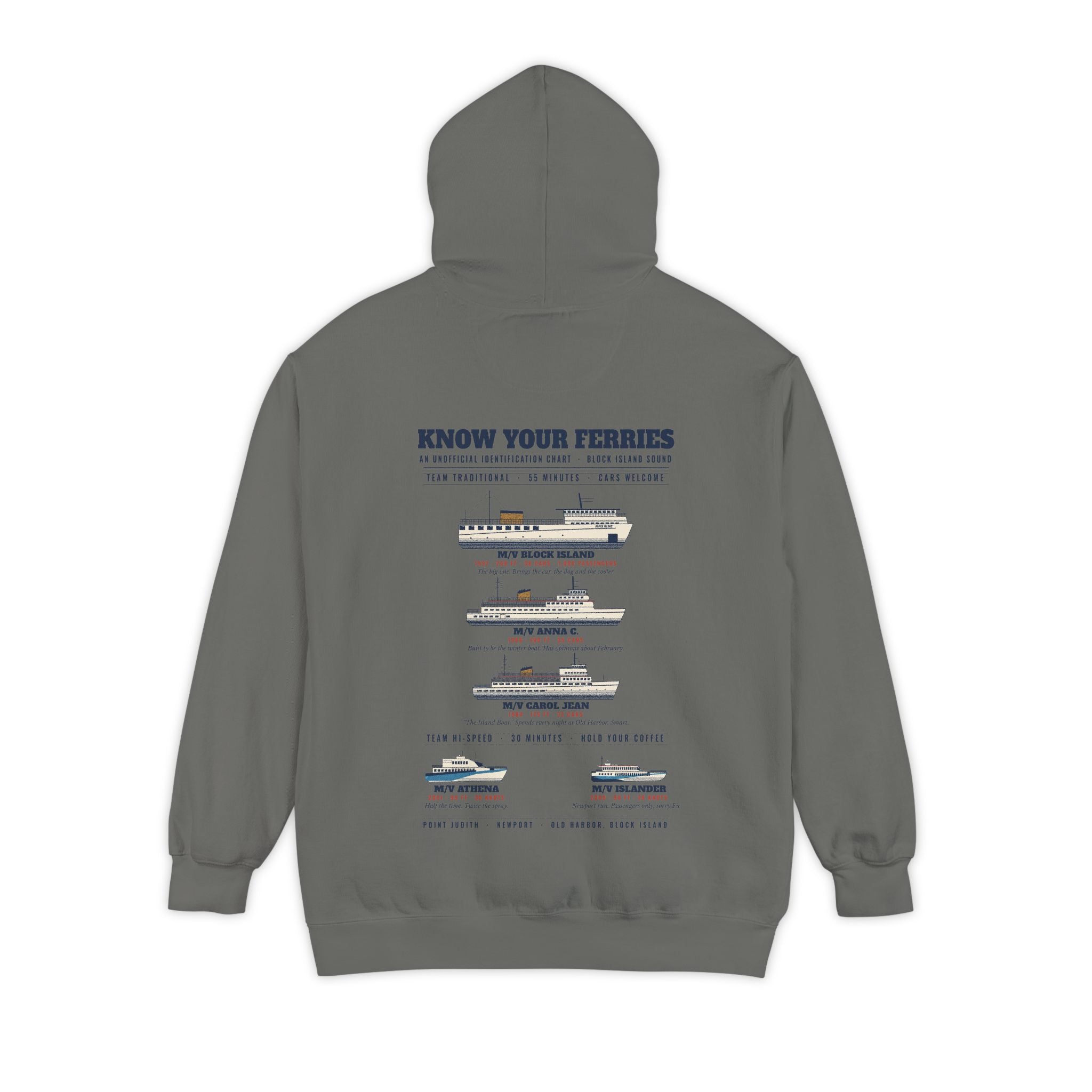 Know Your Ferries Block Island ferry fleet chart hoodie in Grey, back print - BlockBoundRI