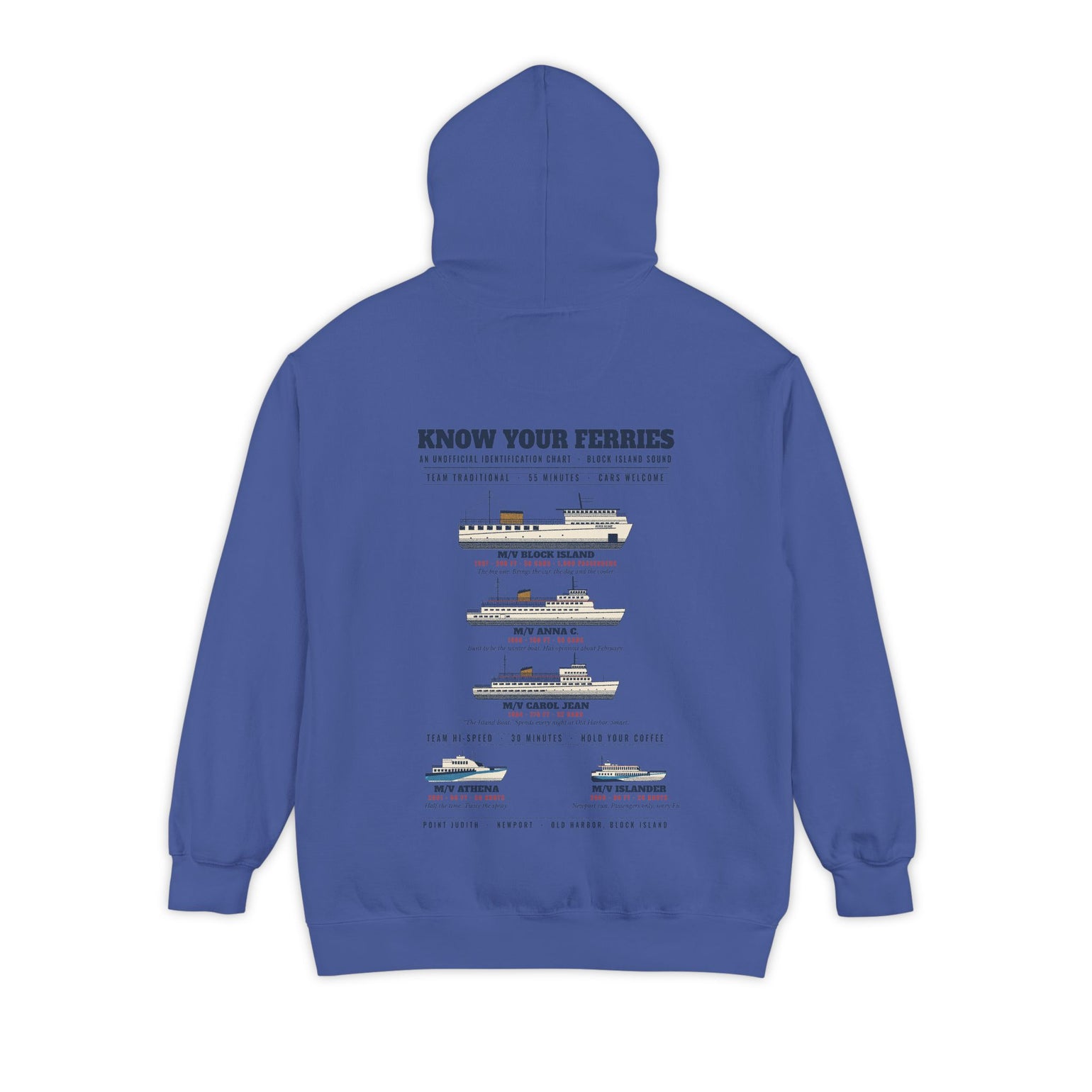 Know Your Ferries Block Island ferry fleet chart hoodie in Flo Blue, back print - BlockBoundRI