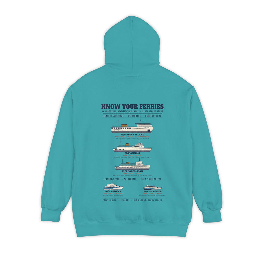 Know Your Ferries Block Island ferry fleet chart hoodie in Seafoam, back print - BlockBoundRI
