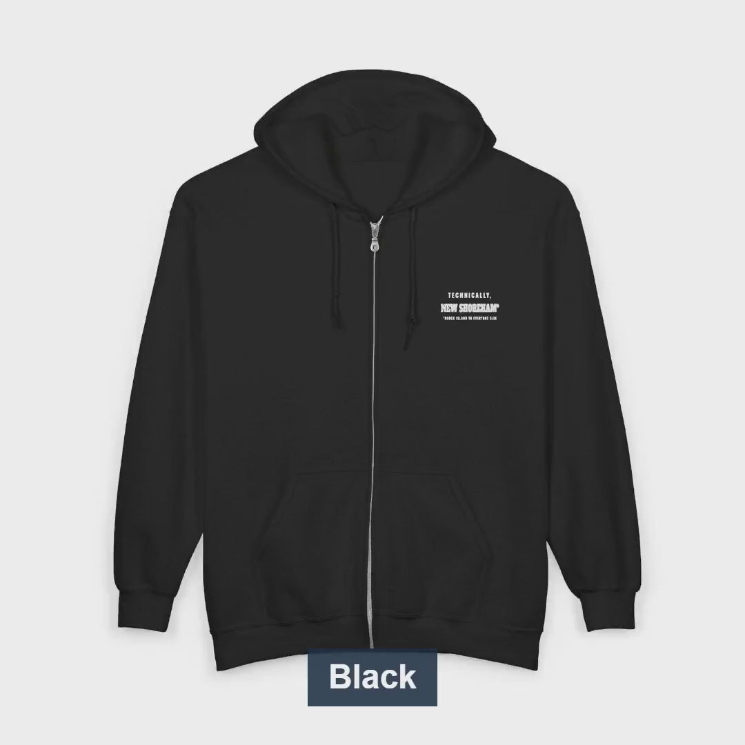 Technically New Shoreham Block Island zip hoodie video, chest and back print and colors