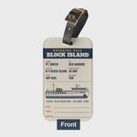 Block Island boarding pass luggage tag video, front, strap and contact card