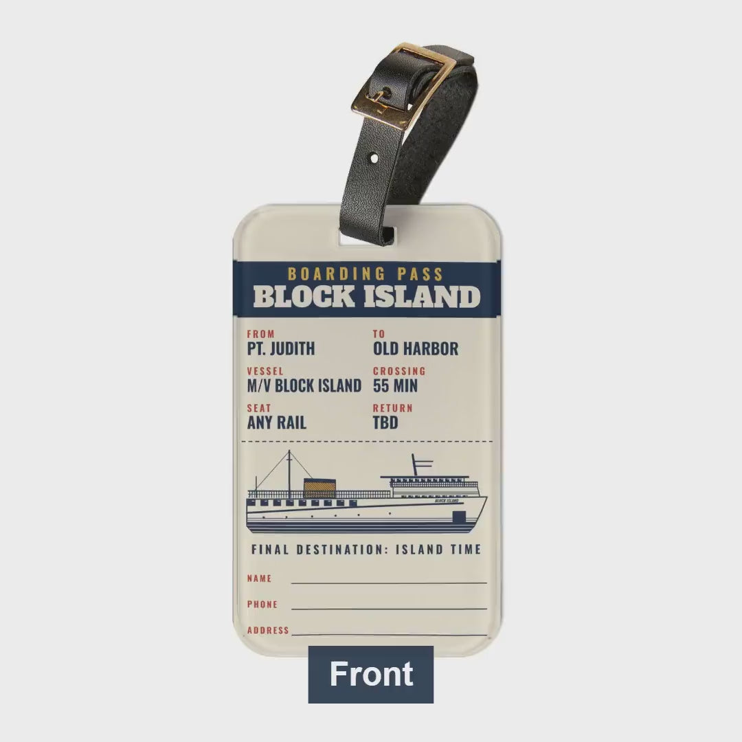 Block Island boarding pass luggage tag video, front, strap and contact card