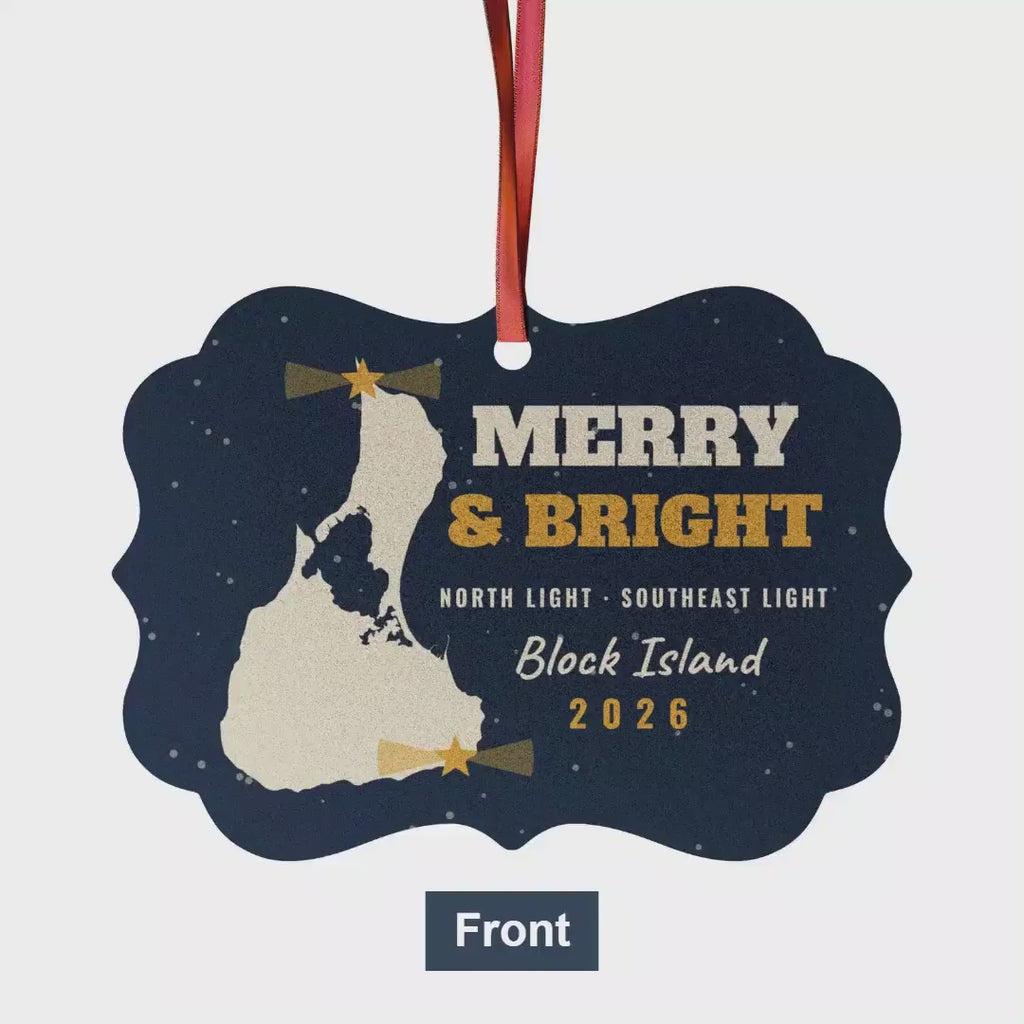Merry and Bright Block Island lighthouses aluminum ornament video, front and back