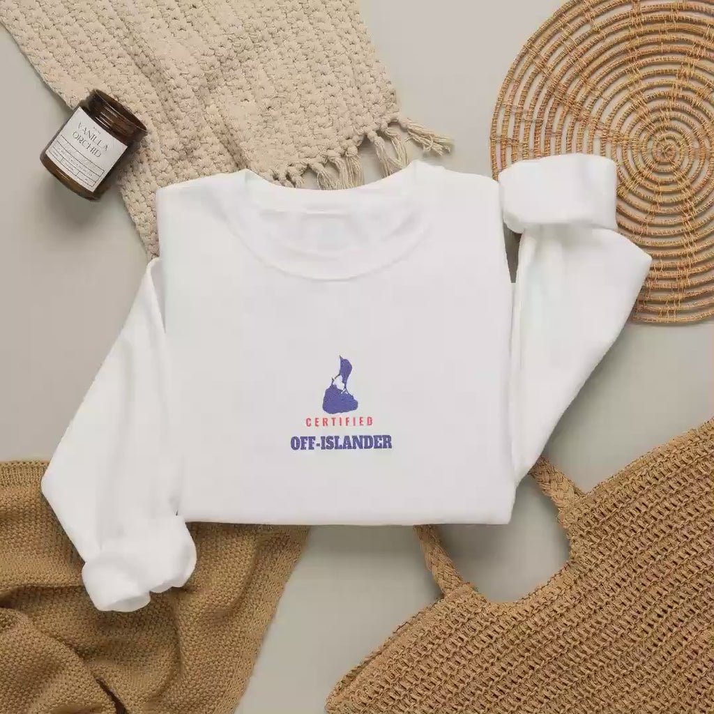 Certified Off-Islander embroidered Block Island crewneck worn, video