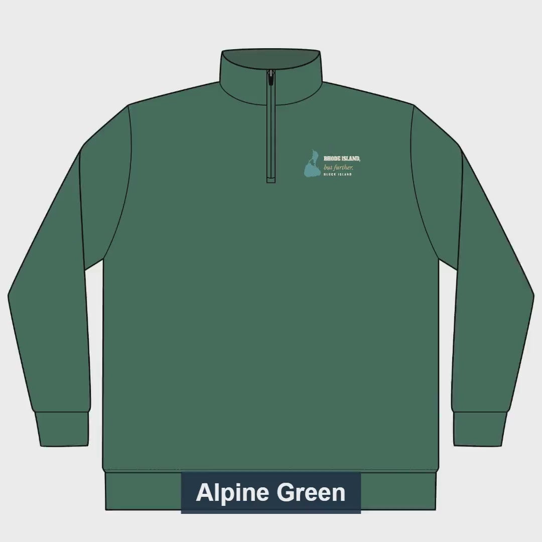 Rhode Island, But Further Block Island quarter-zip video, chest print and colors