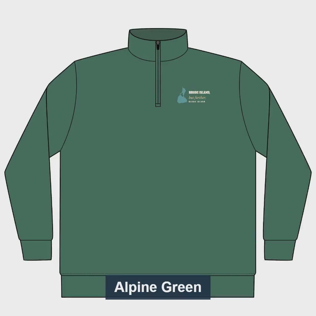 Rhode Island, But Further Block Island quarter-zip video, chest print and colors