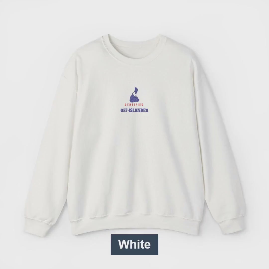 Certified Off-Islander embroidered Block Island crewneck video, embroidery and colors