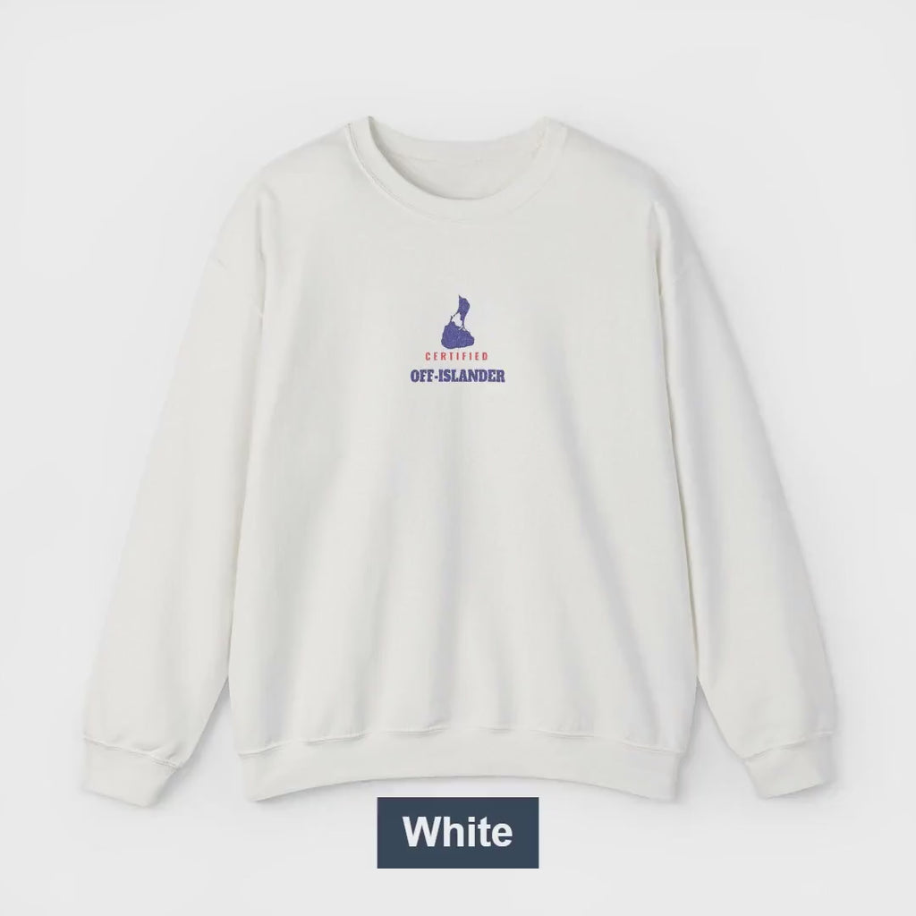 Certified Off-Islander embroidered Block Island crewneck video, embroidery and colors
