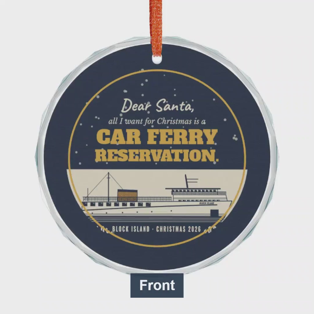 Dear Santa car ferry reservation Block Island glass ornament video, front and packaging