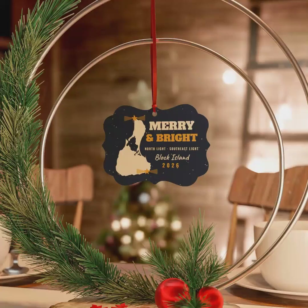 Merry and Bright Block Island lighthouses ornament on a tree, video