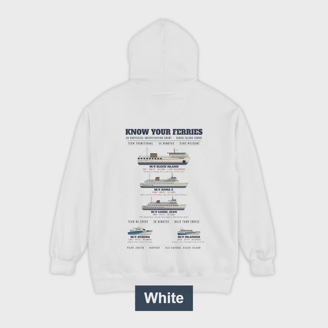 Know Your Ferries Block Island fleet hoodie video, back print and colors