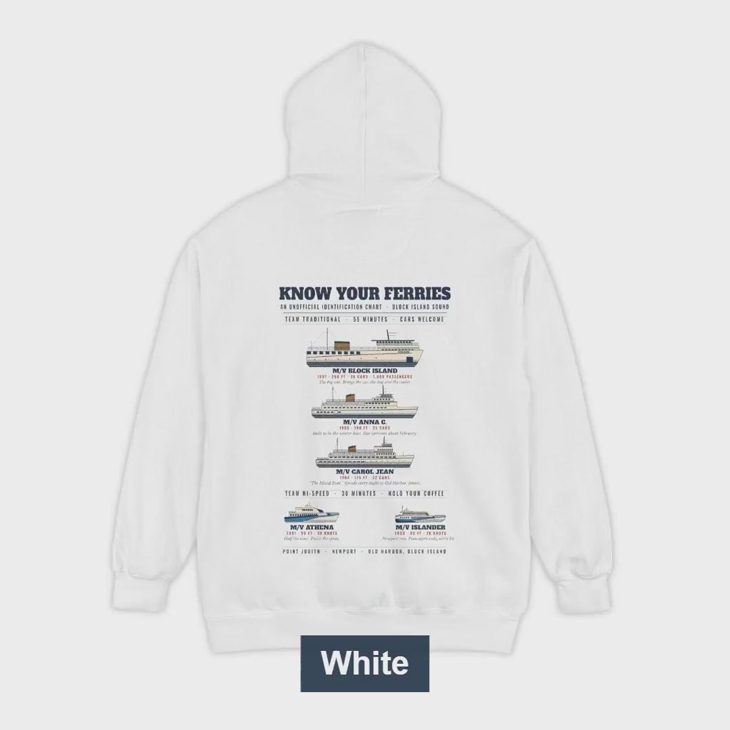 Know Your Ferries Block Island fleet hoodie video, back print and colors