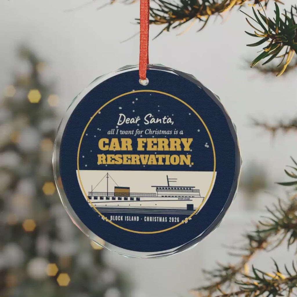 Dear Santa car ferry reservation Block Island glass ornament on a tree, video